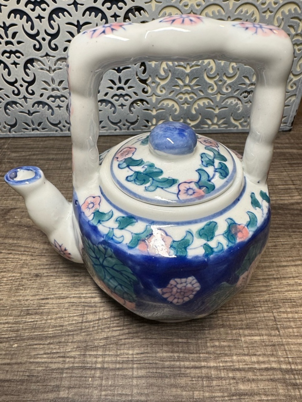Vintage Hand Painted Floral Ceramic Mini Teapot Blue Pink Decorative